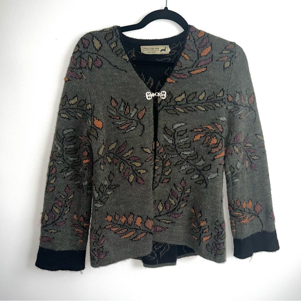 Peruvian Link Alpaca Green Floral Boho Cardigan Sweater M - Picture 2 of 9
